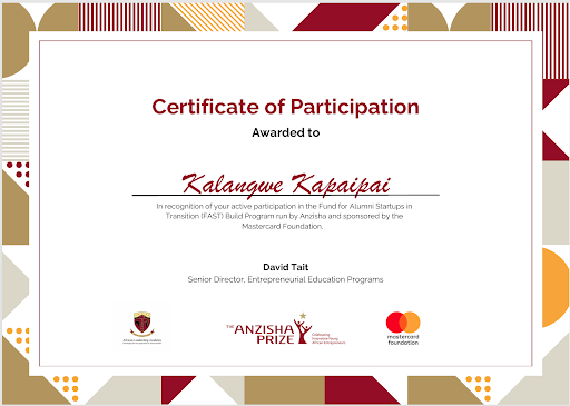 Anzisha Build Up Award Certificate